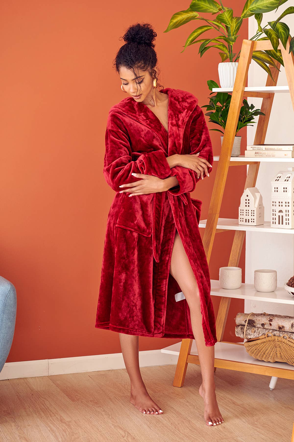 Women's Hooded Plush Robe with Matching Slippers