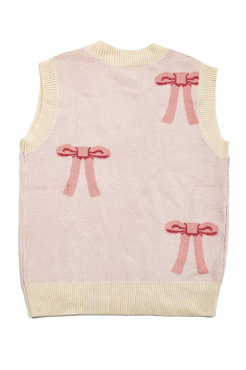 All Over Bow Knit Vest | Soft Pastel V-Neck Sweater Vest with Bow Design | Cute Feminine Layer for Every Season
