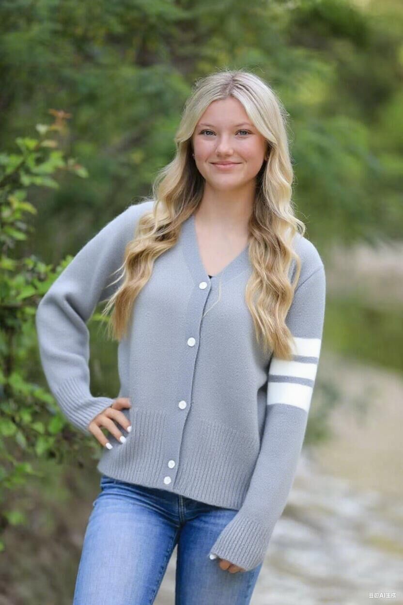 Woman wearing a gray cardigan with white buttons and sleeves, standing outdoors with greenery in the background.