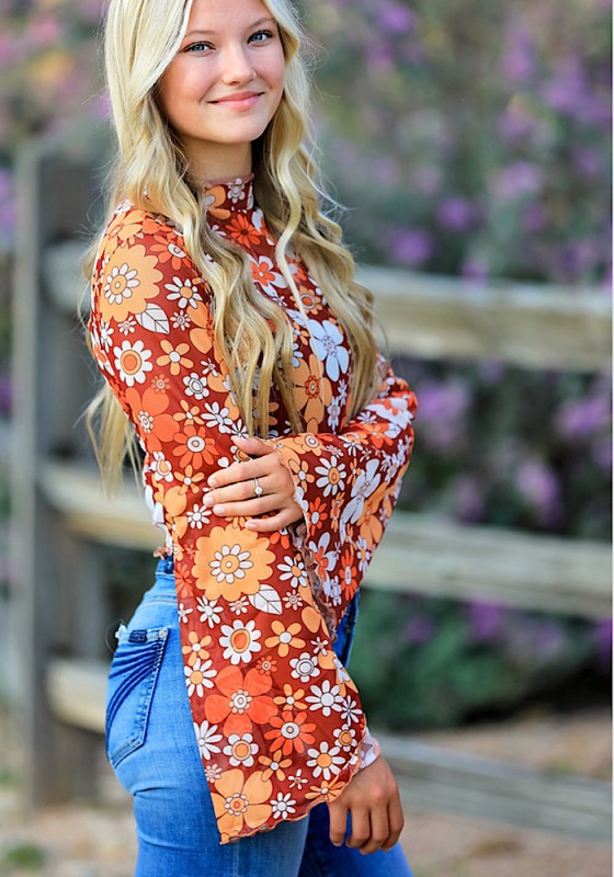 Mesh Retro Floral Sropped Printed Top