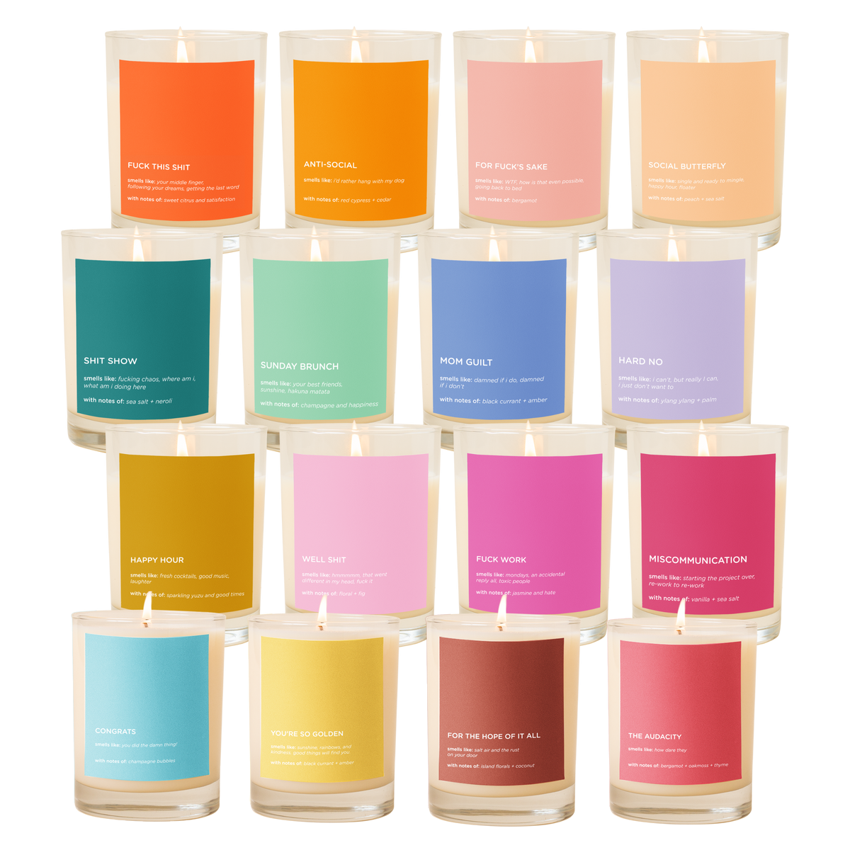 Set of candles with colorful labels on a white background