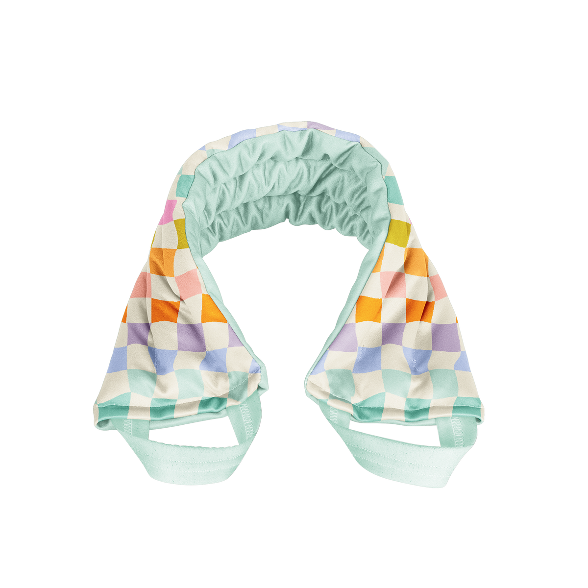 Retro Multicolored checkered weighted neckwrap with a green base on a white background