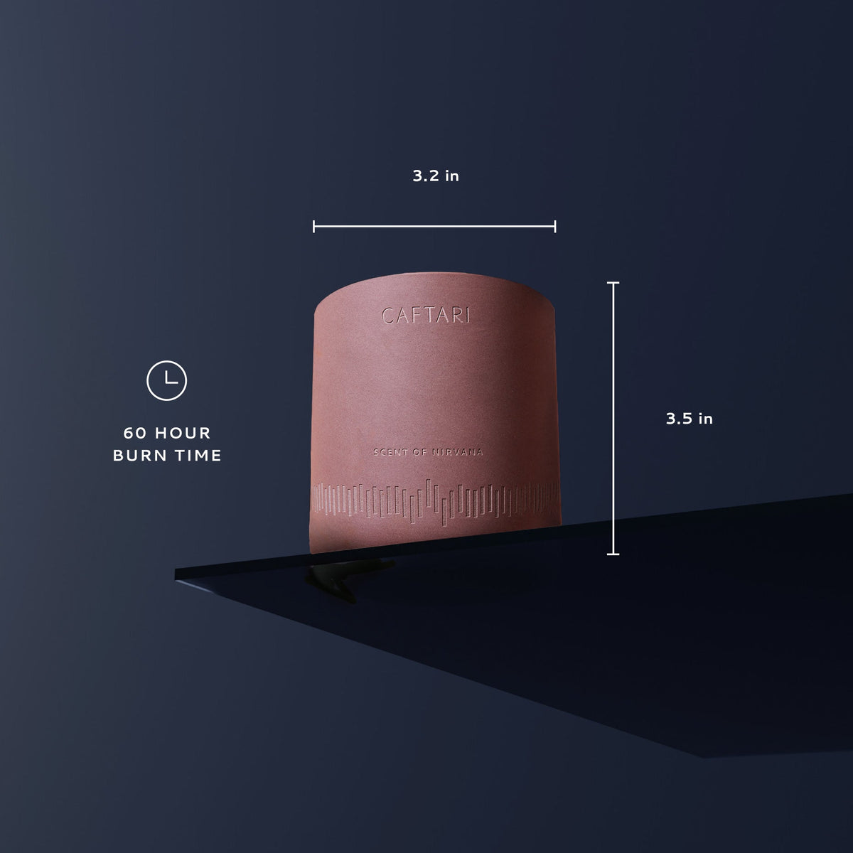Cylindrical pink product with dimensions and burn time information on a dark background