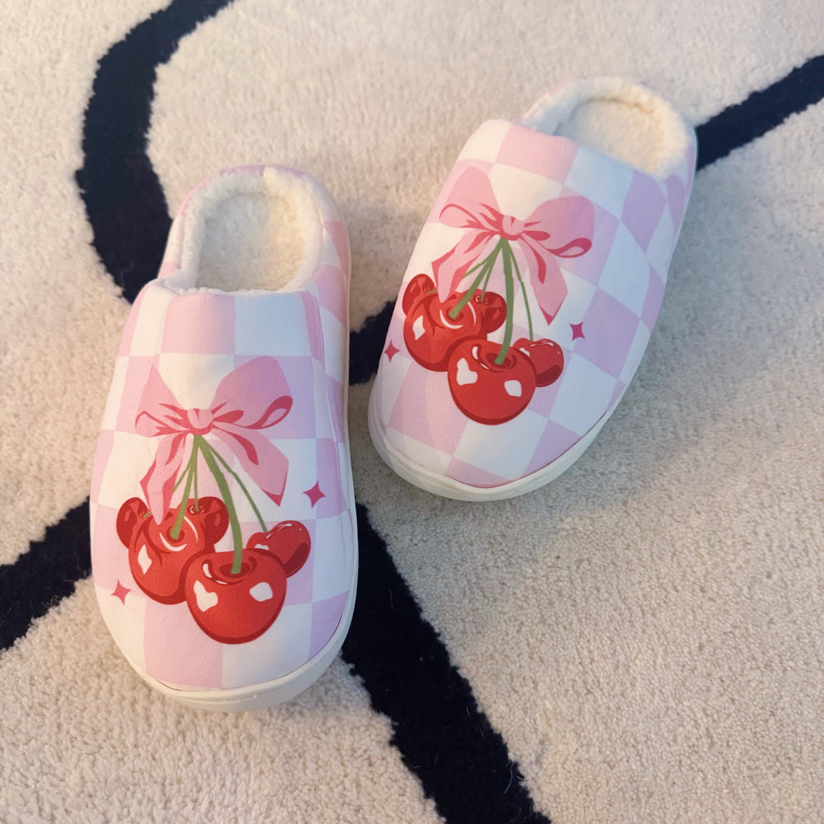 Cherry Bow Check Lounge Slippers - Sweet & Cozy