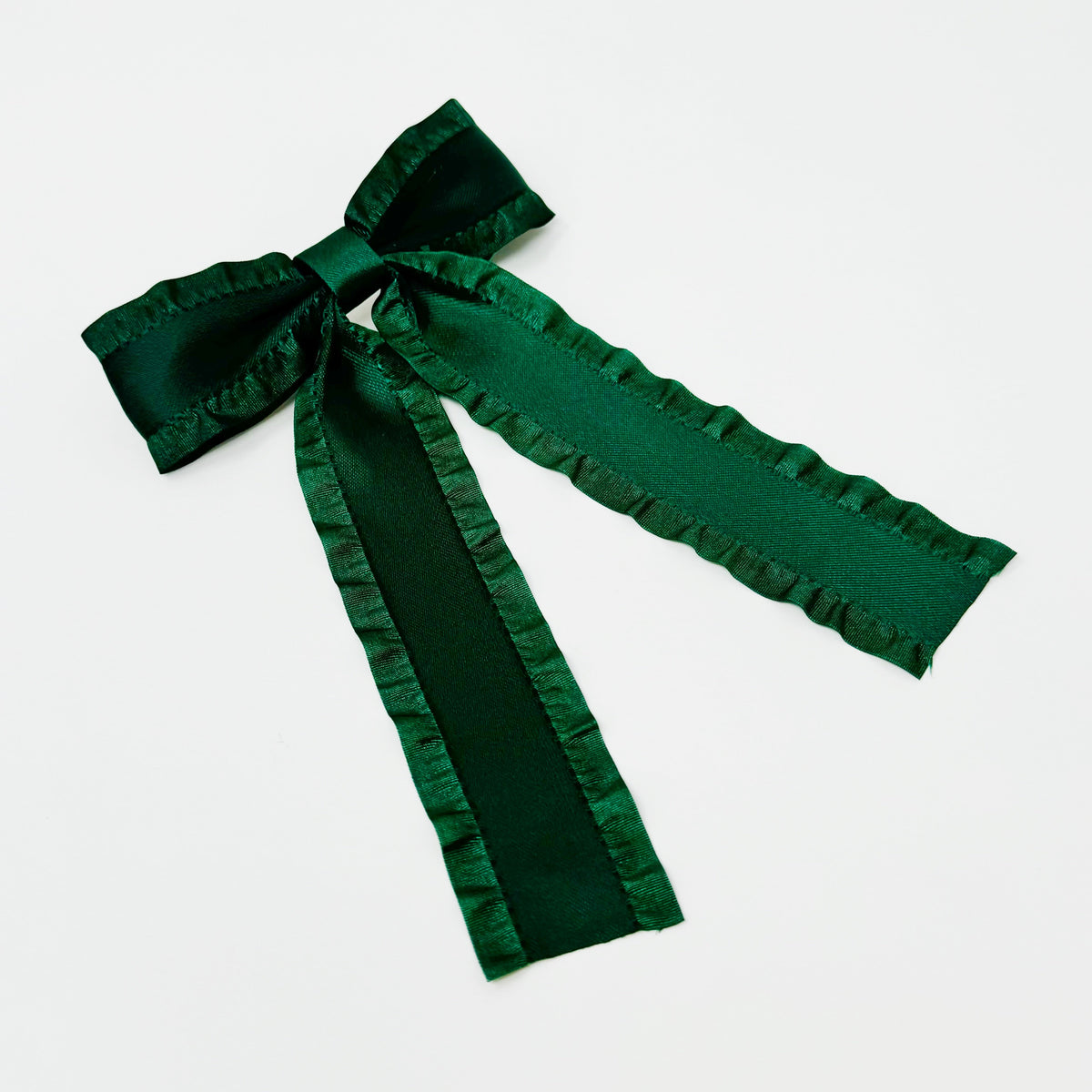 Green Game Frill Bow Hair Clip for bow lovers, hair accessories must have ribbon bow on a white background