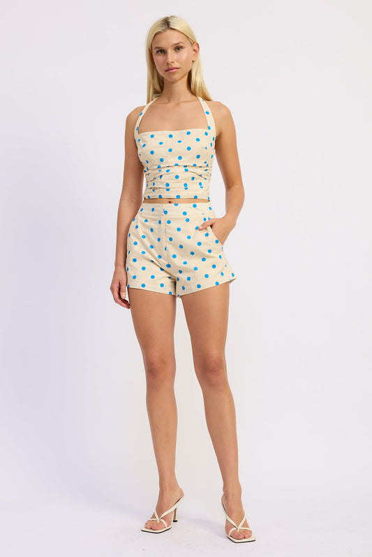 Emory Park Lola cotton poplin polka-dot shorts in ivory blue