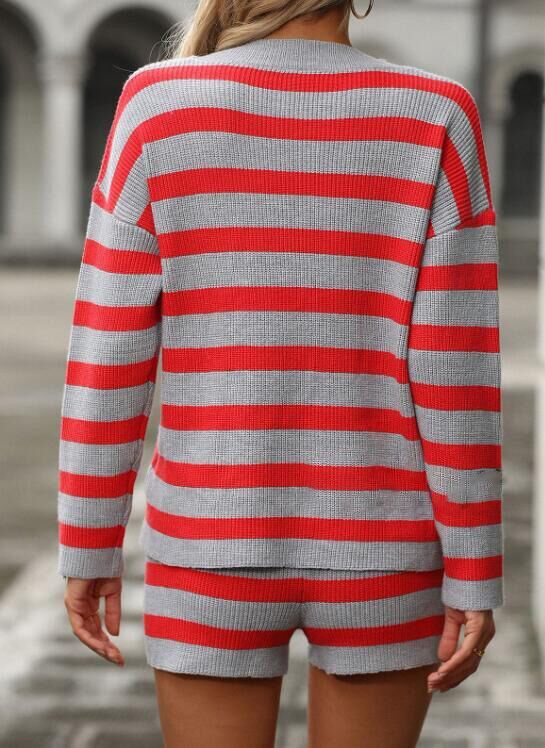 back view of woman wearing two piece set, gray and red stripes. Soft, breathable knit fabric for all-day comfort, Relaxed-fit long sleeve top Matching shorts with ease of movement