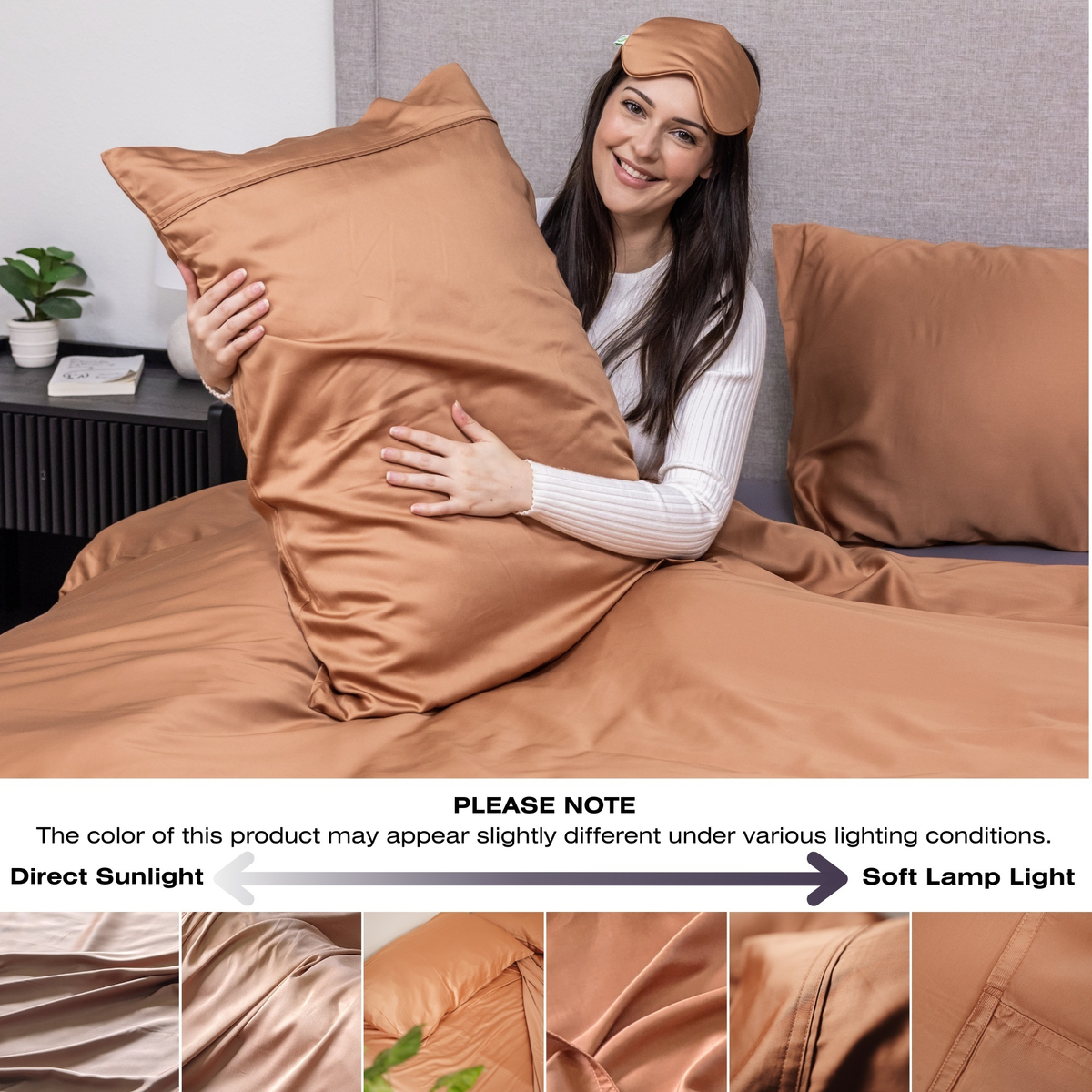 Woman holding a brown pillow with bedding set, showing color variation under different lighting conditions. Luxurious Organic Bamboo Duvet Cover Set
