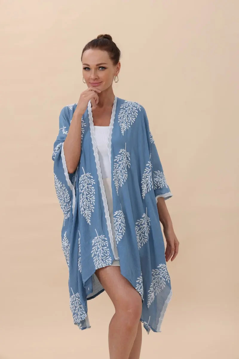 Botanical Leaf Embroidered Kimono