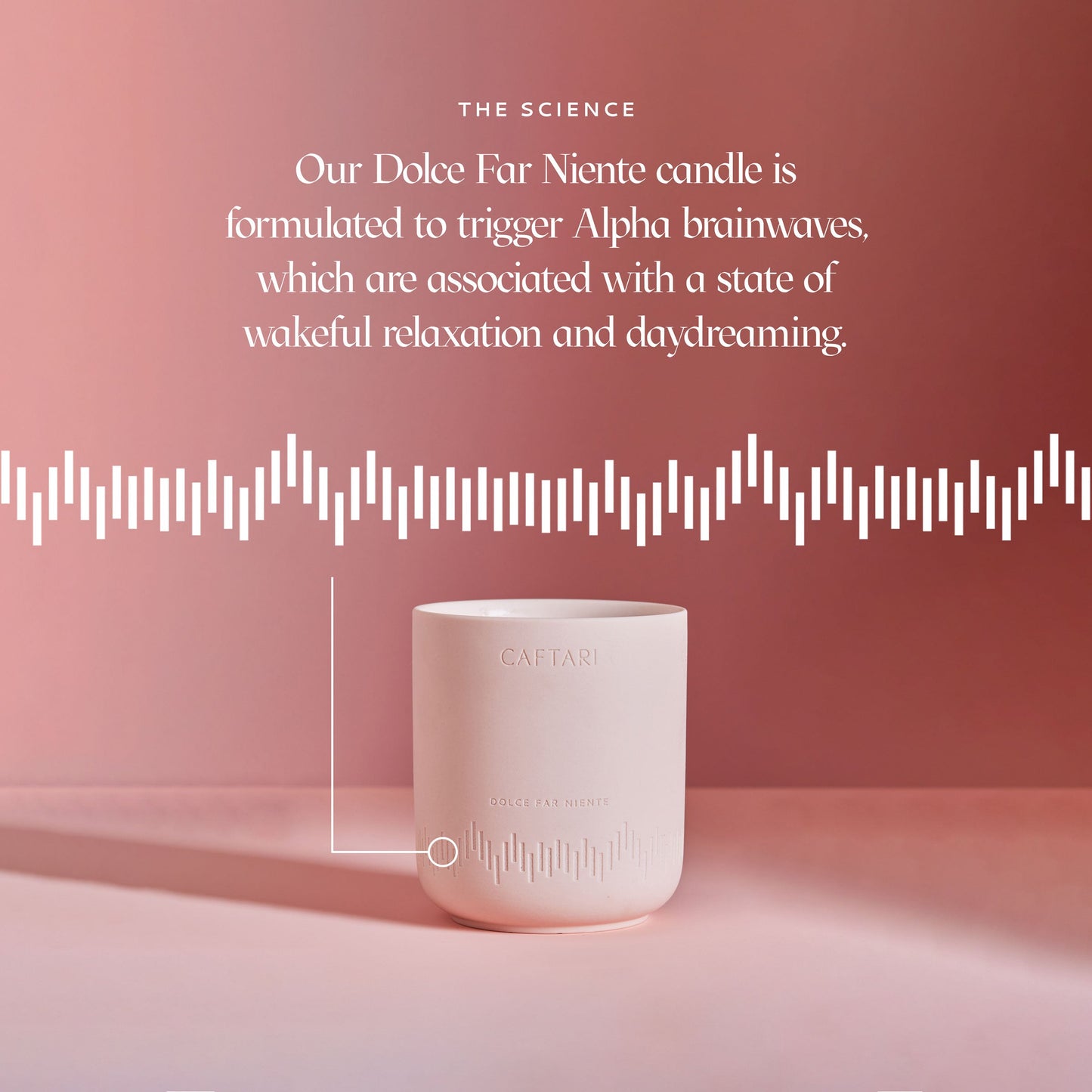 Dolce Far Niente candle on a pink background with text about brainwaves and relaxation.