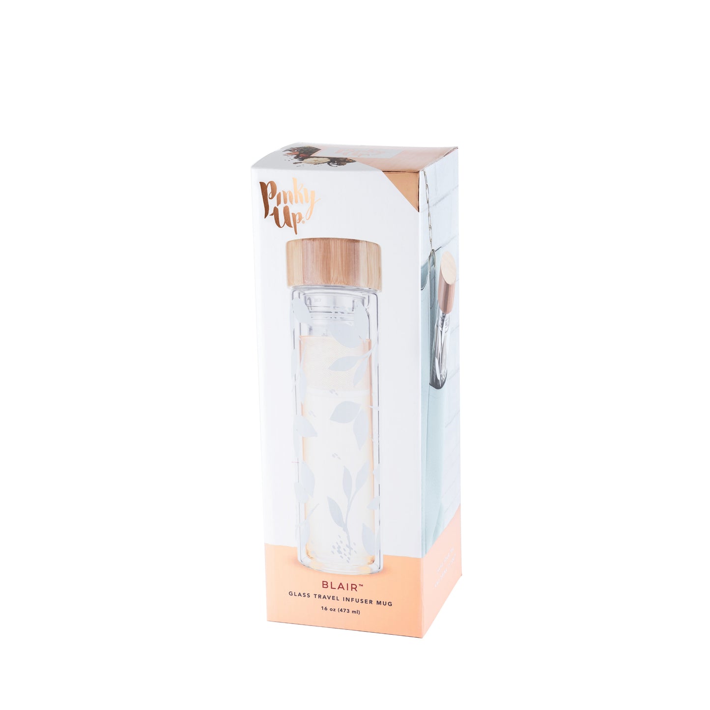 Blair: White Leaf Pattern Glass Travel Infuser Mug