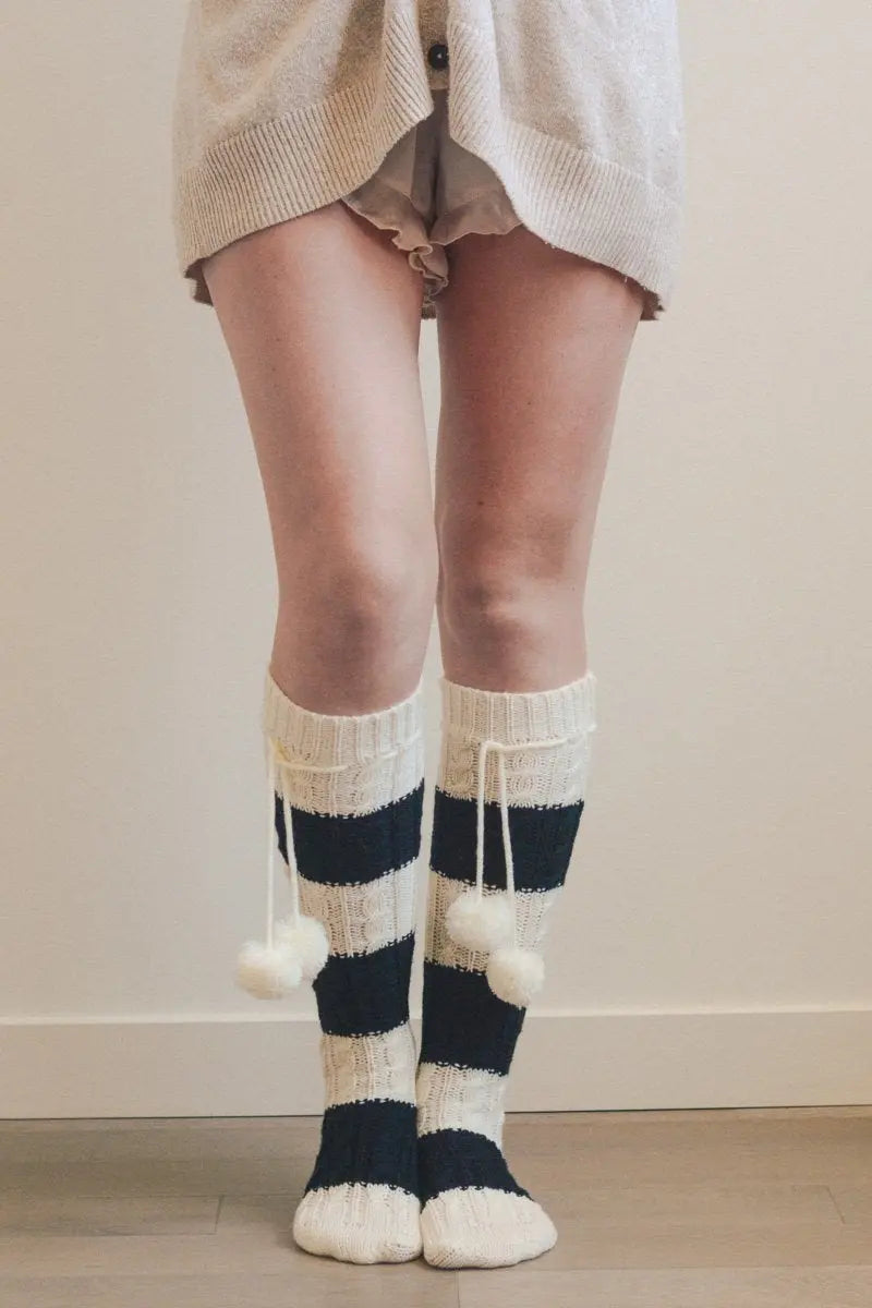 Knee High Striped Pom Socks