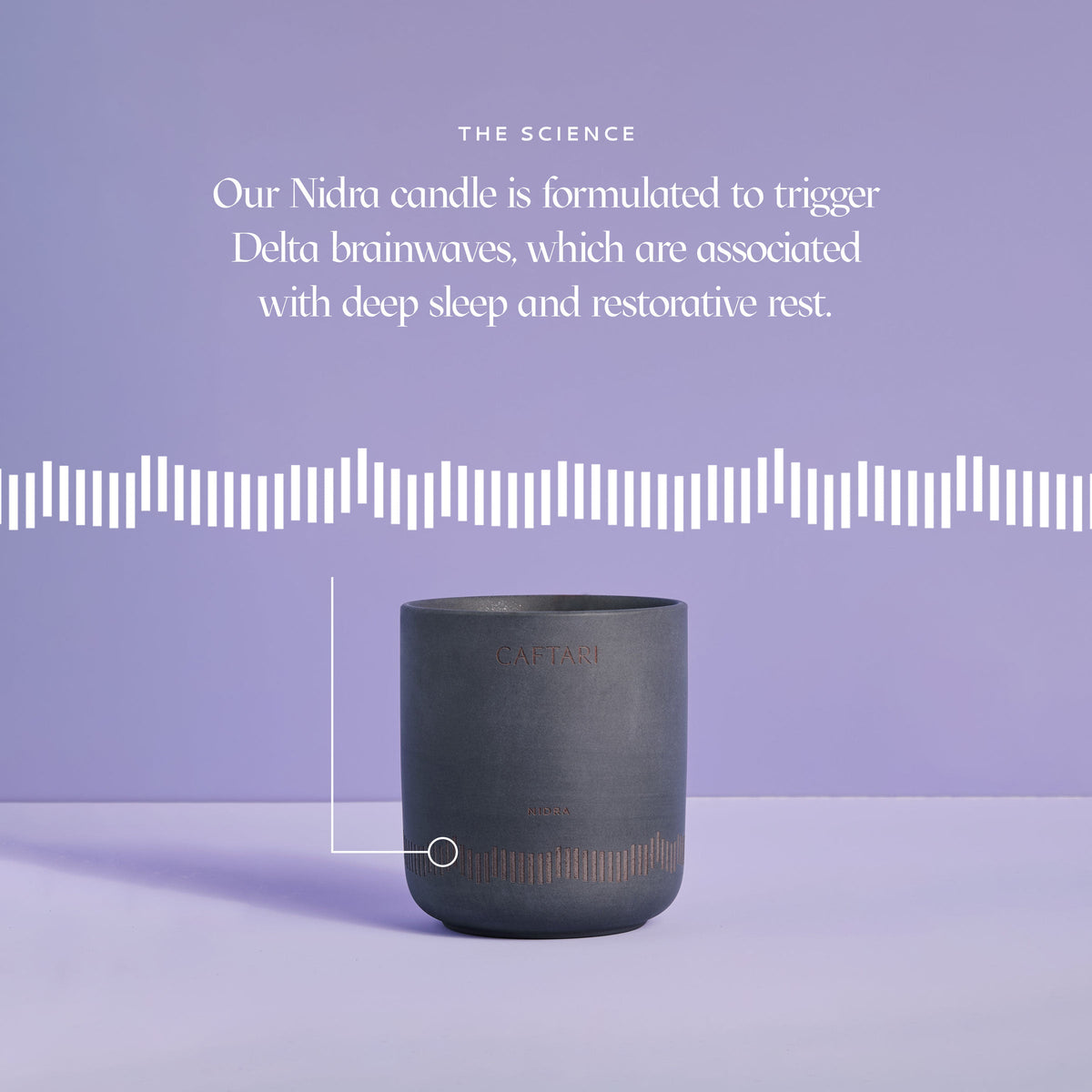 Black candle on a purple background with text about Nidra candles and delta brainwaves.