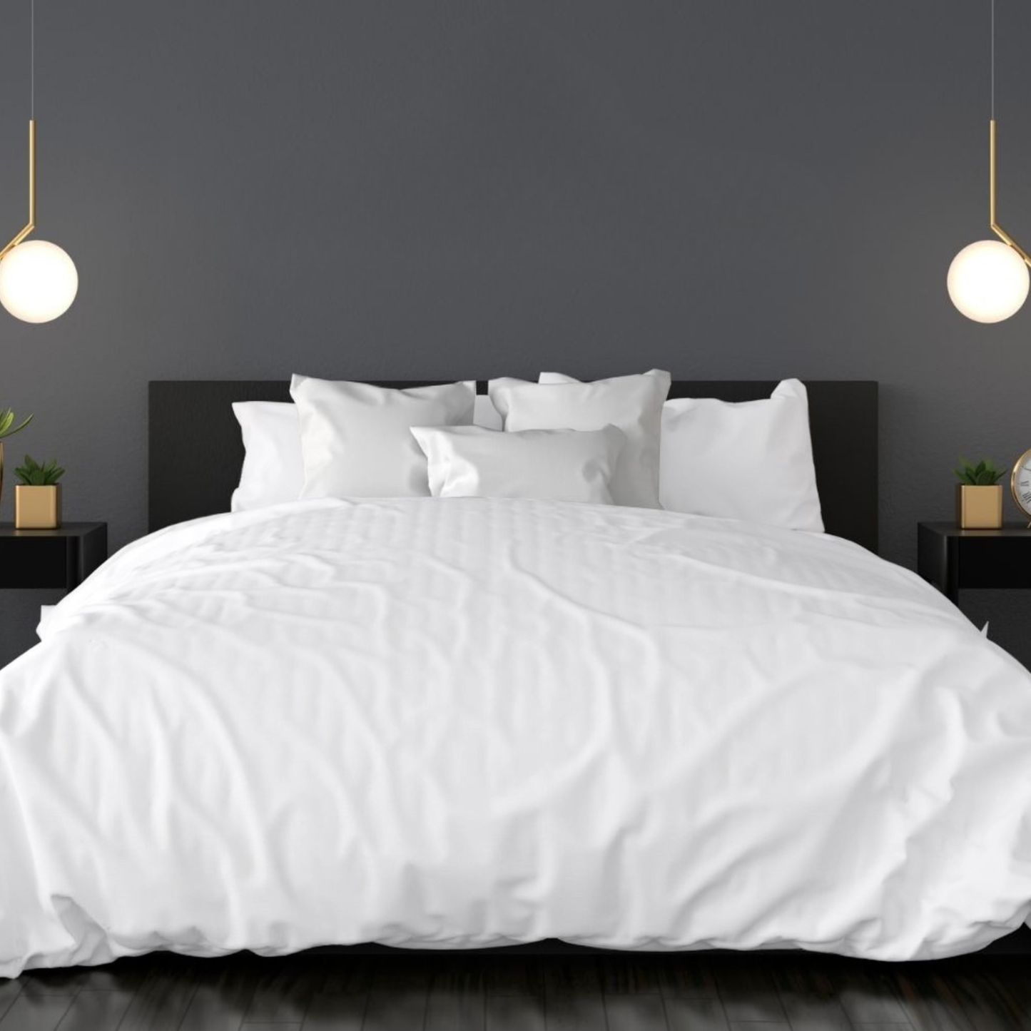 White bedding set on a bed with a dark headboard in a room with gray walls and pendant lights. Luxurious Organic Bamboo Duvet Cover Set