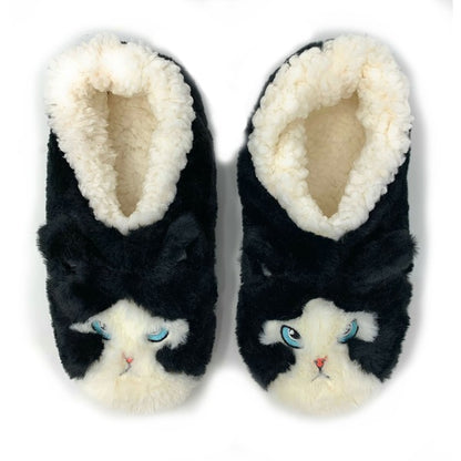 Furry cat-themed indoor slippers in cute good kitty and bad kitty styles, soft and cozy design