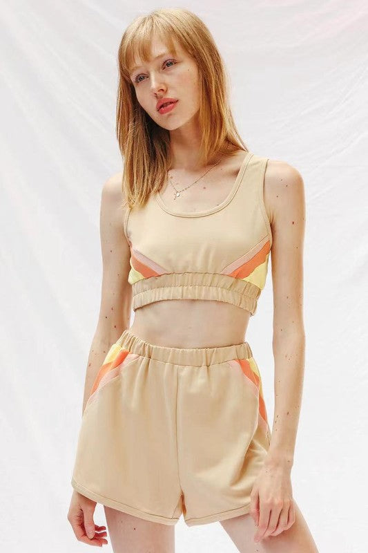 woman wearing a Retro Lounge Shorts Set ; shorts and sports bra style top