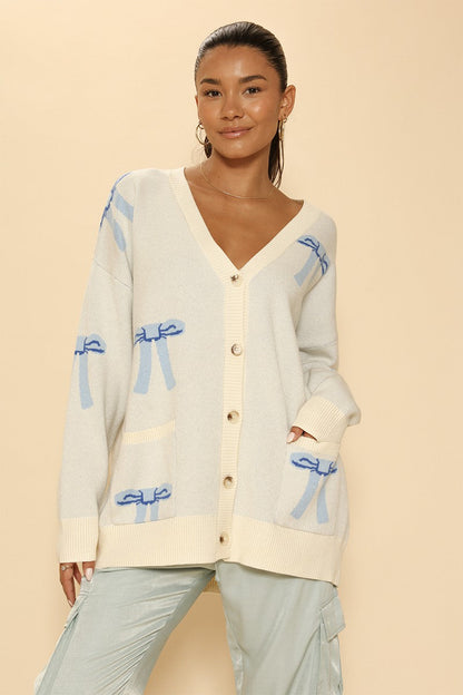 All Over Bow Knit Cardigan | Soft Oversized Sweater with Pockets – Hashtag Cozy