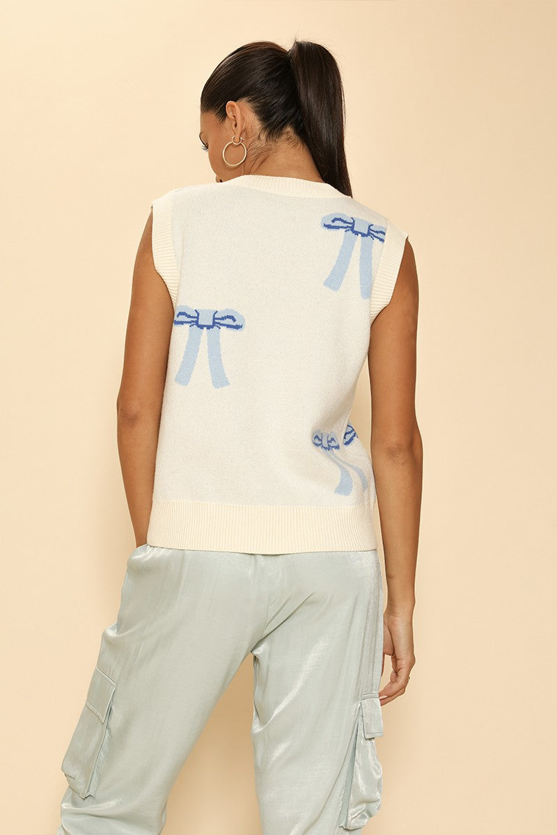 All Over Bow Knit Vest | Soft Pastel V-Neck Sweater Vest with Bow Design | Cute Feminine Layer for Every Season