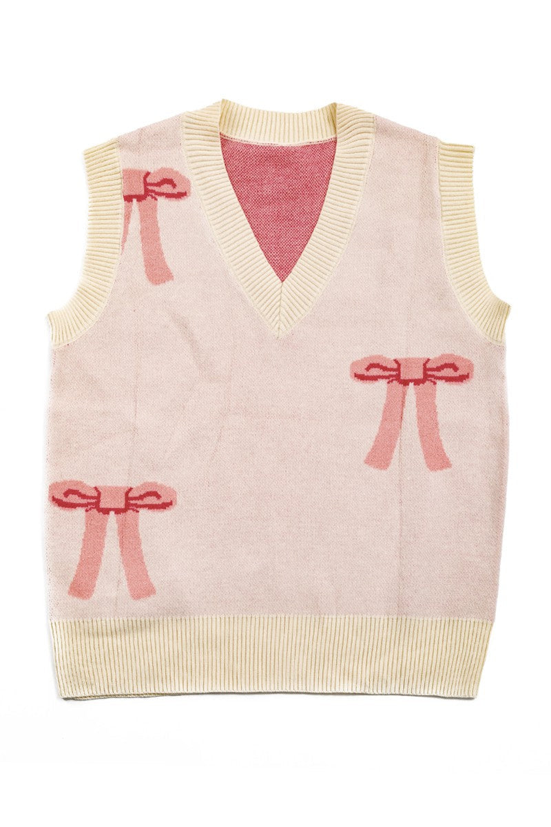 All Over Bow Knit Vest | Soft Pastel V-Neck Sweater Vest with Bow Design | Cute Feminine Layer for Every Season