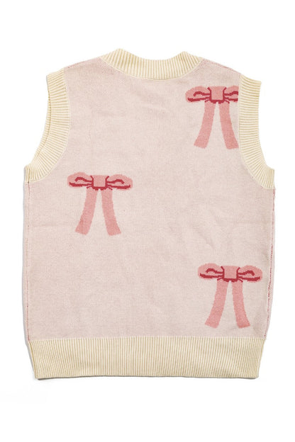 All Over Bow Knit Vest | Soft Pastel V-Neck Sweater Vest with Bow Design | Cute Feminine Layer for Every Season