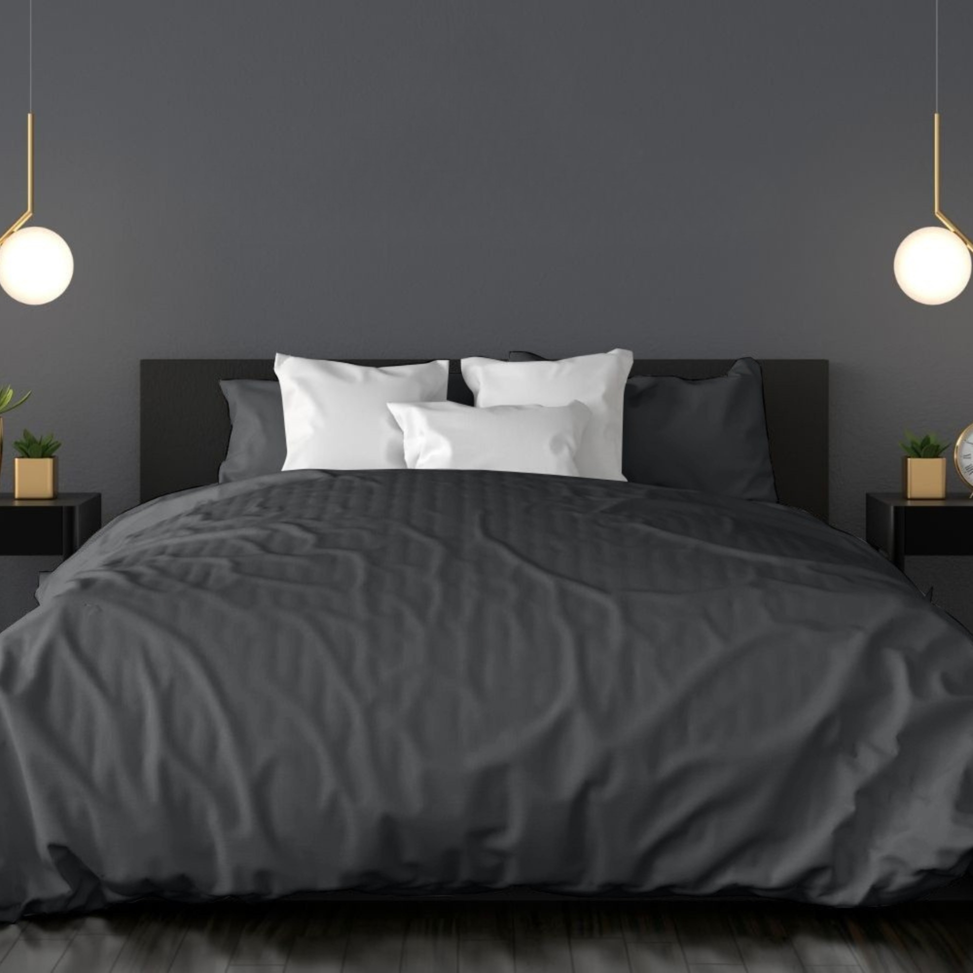 Bedroom with dark gray walls, bed, and bedding, and two pendant lights. Luxurious Organic Bamboo Duvet Cover Set