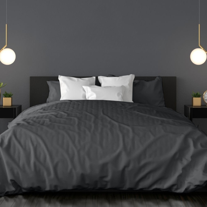Bedroom with dark gray walls, bed, and bedding, and two pendant lights. Luxurious Organic Bamboo Duvet Cover Set