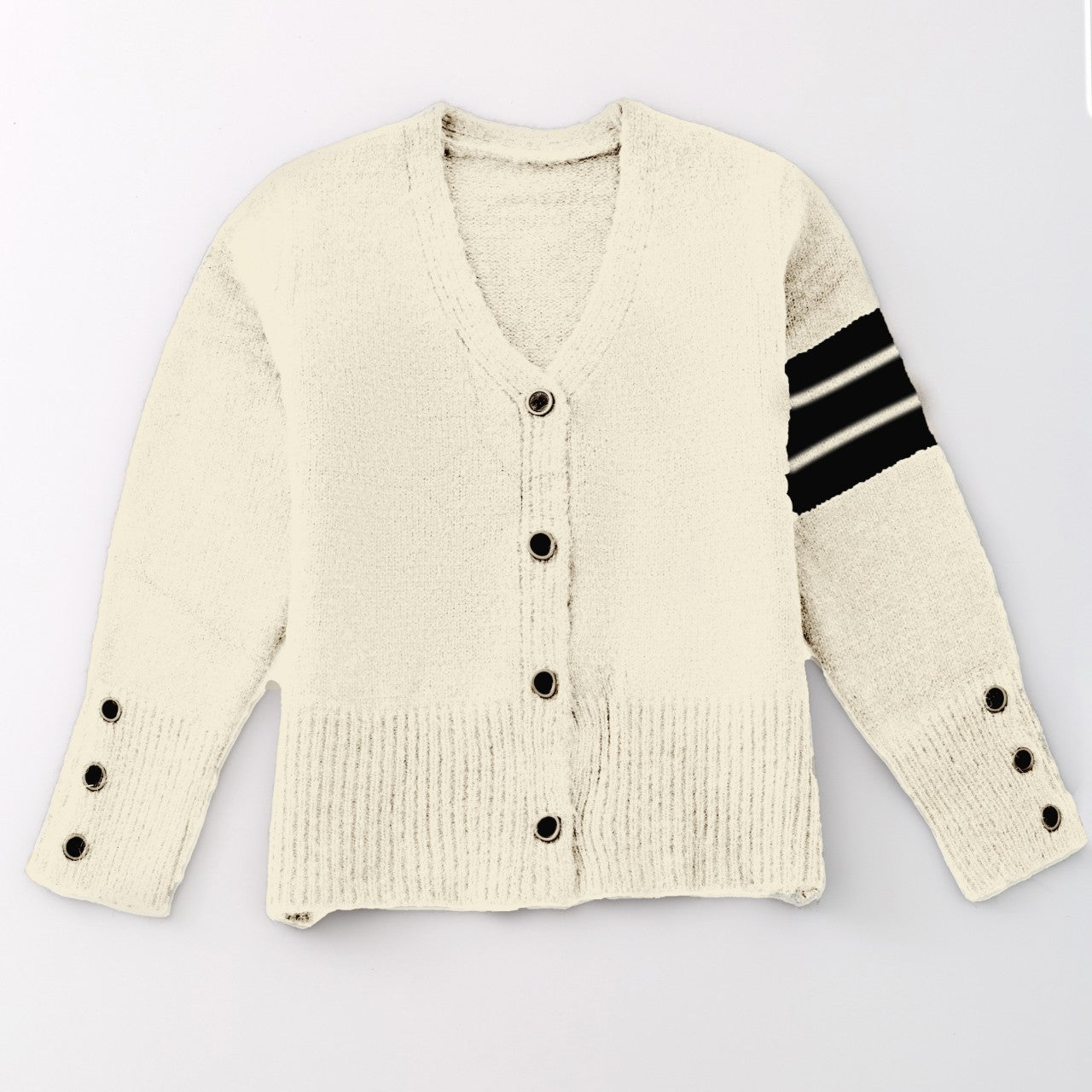 Cream-colored cardigan with black button details and striped sleeve on a light gray background