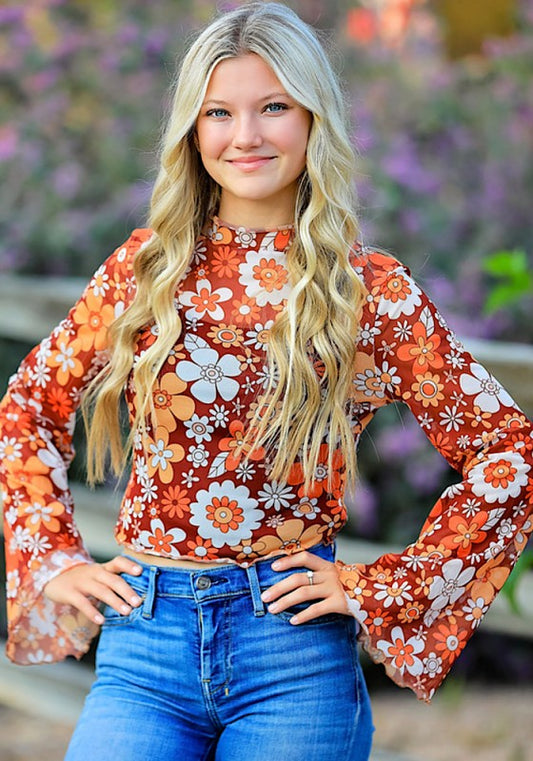 Mesh Retro Floral Sropped Printed Top
