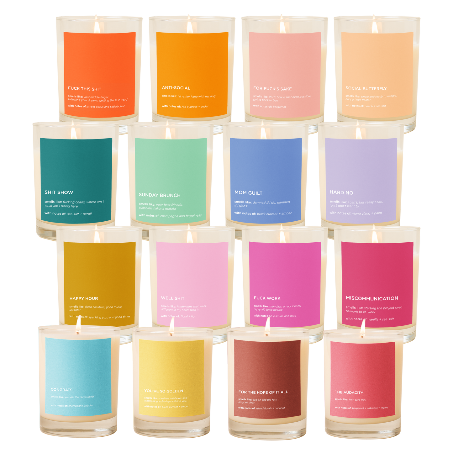 Set of candles with colorful labels on a white background