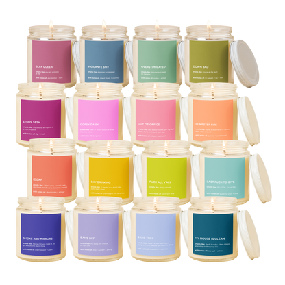Set of candles with colorful labels on a white background