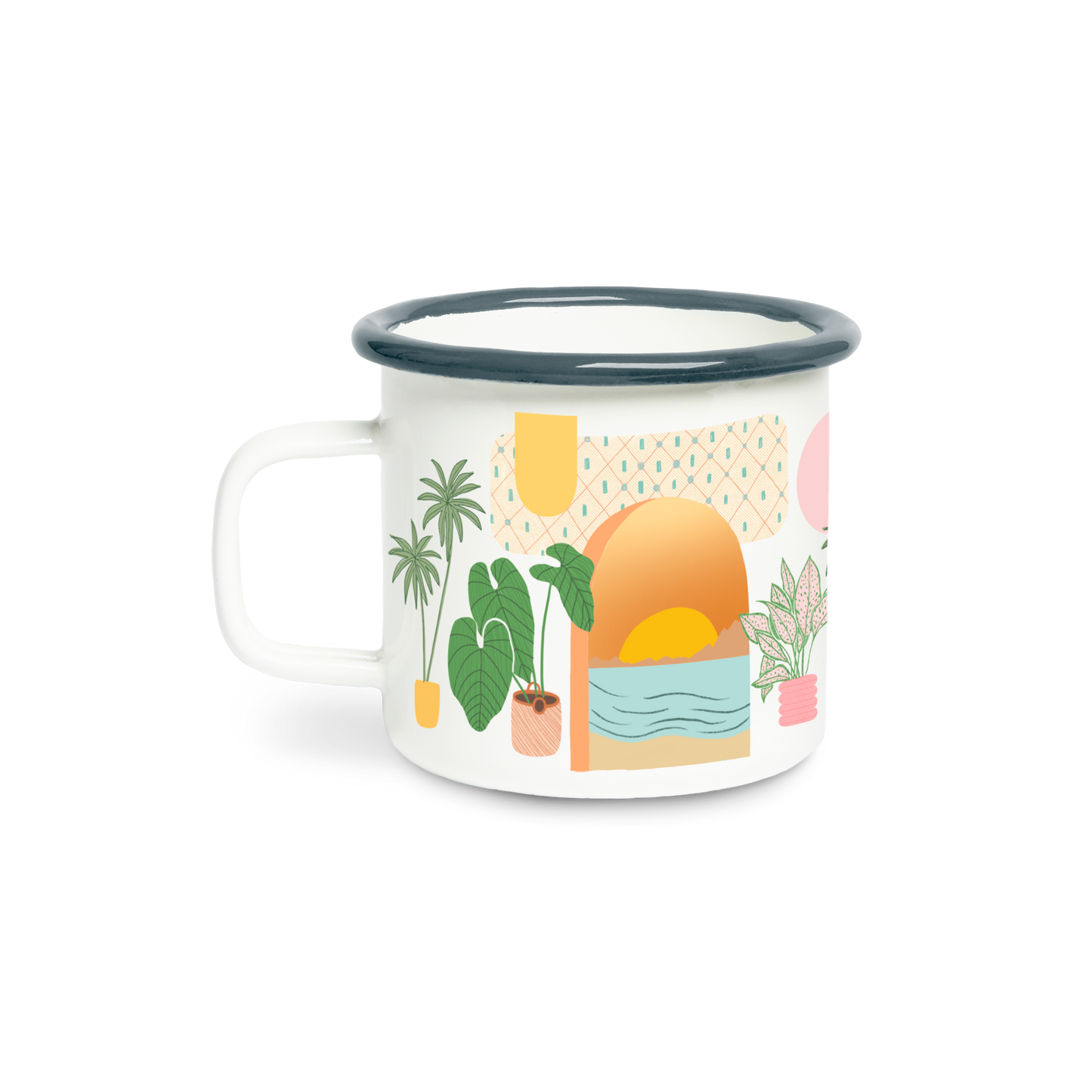 Enamel mug with a colorful design of plants and a sunset on a white background