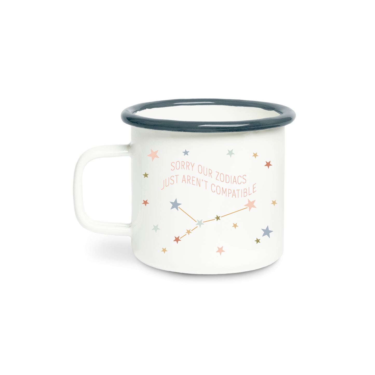 White mug with star constellation design and text on a white background
