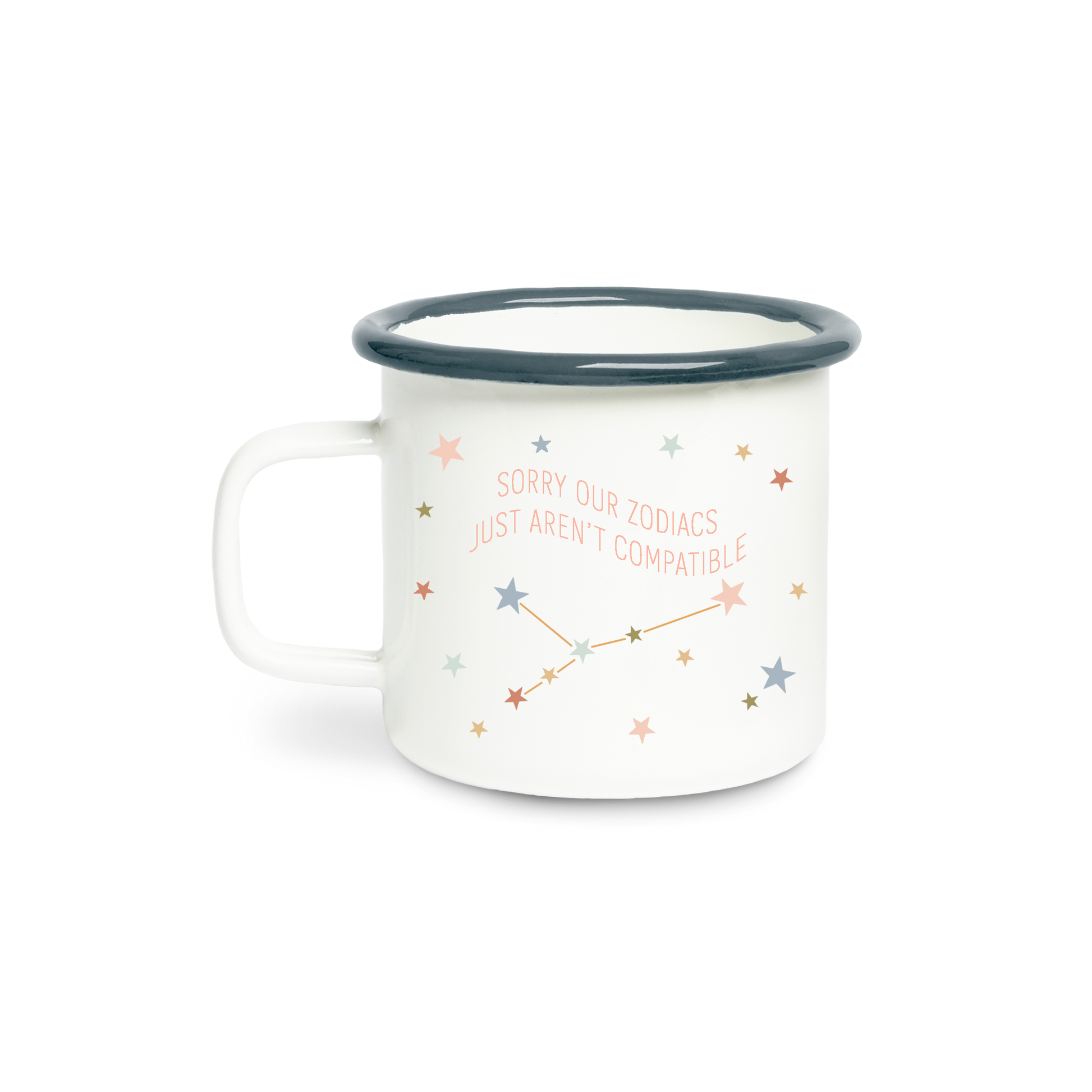 White mug with star constellation design and text on a white background