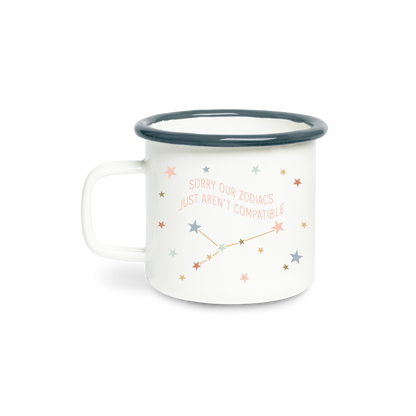 White mug with star constellation design and text on a white background