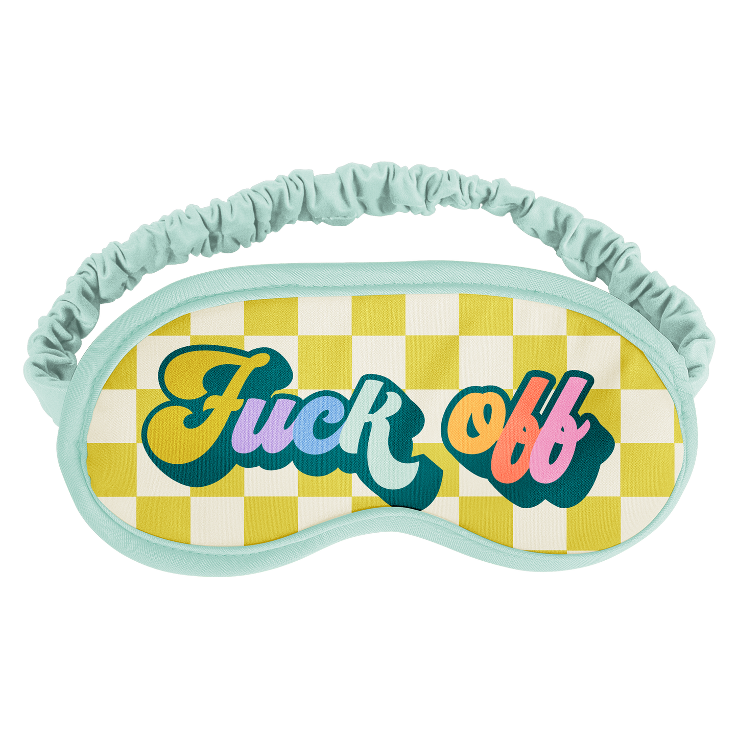 Sleep mask with checkered pattern and colorful text on a white background "Fnck off" sleep mask, retro design,