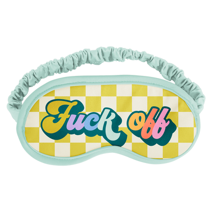 Sleep mask with checkered pattern and colorful text on a white background "Fnck off" sleep mask, retro design,