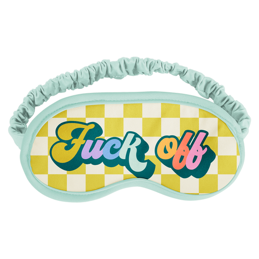 Sleep mask with checkered pattern and colorful text on a white background "Fnck off" sleep mask, retro design,
