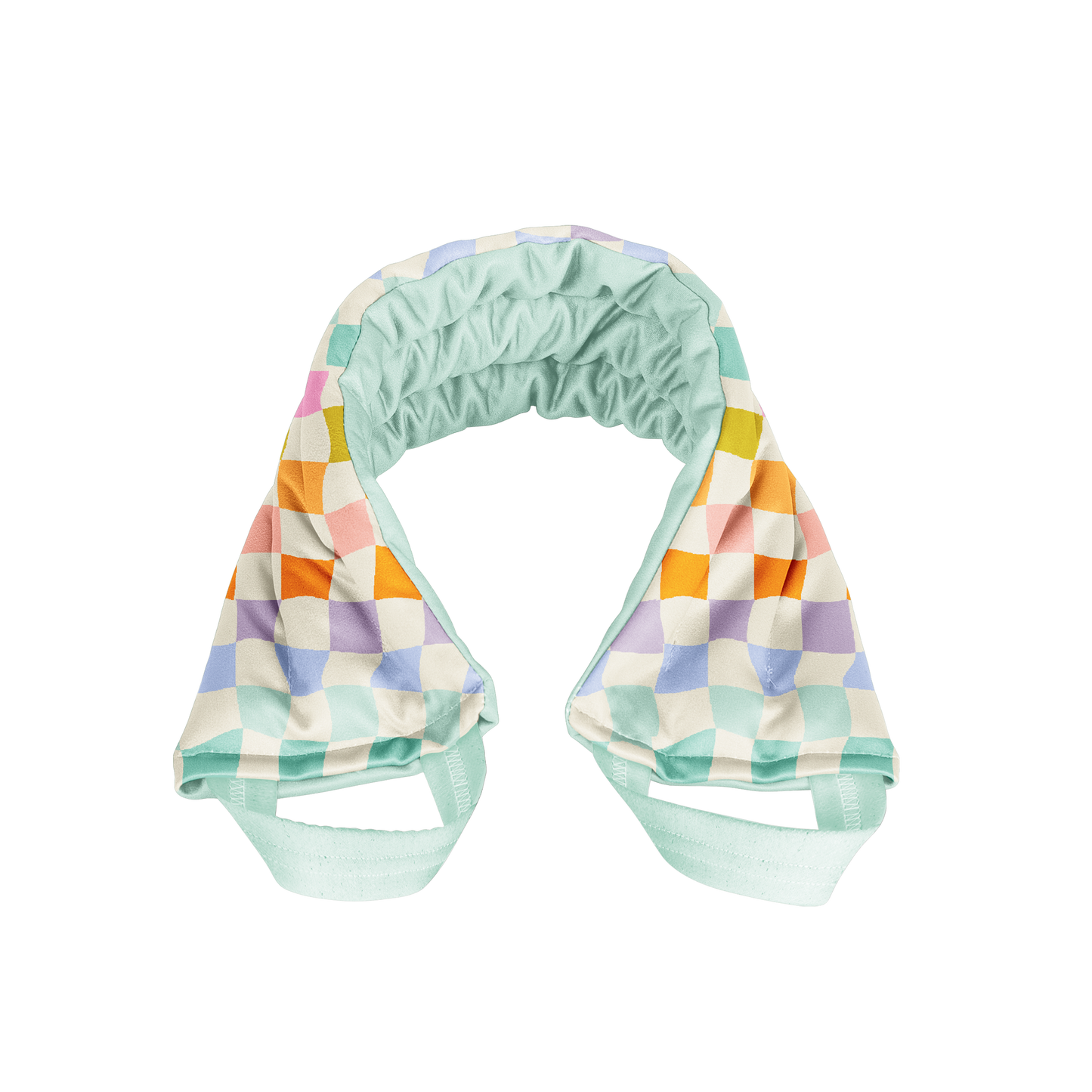 Retro Multicolored checkered weighted neckwrap with a green base on a white background