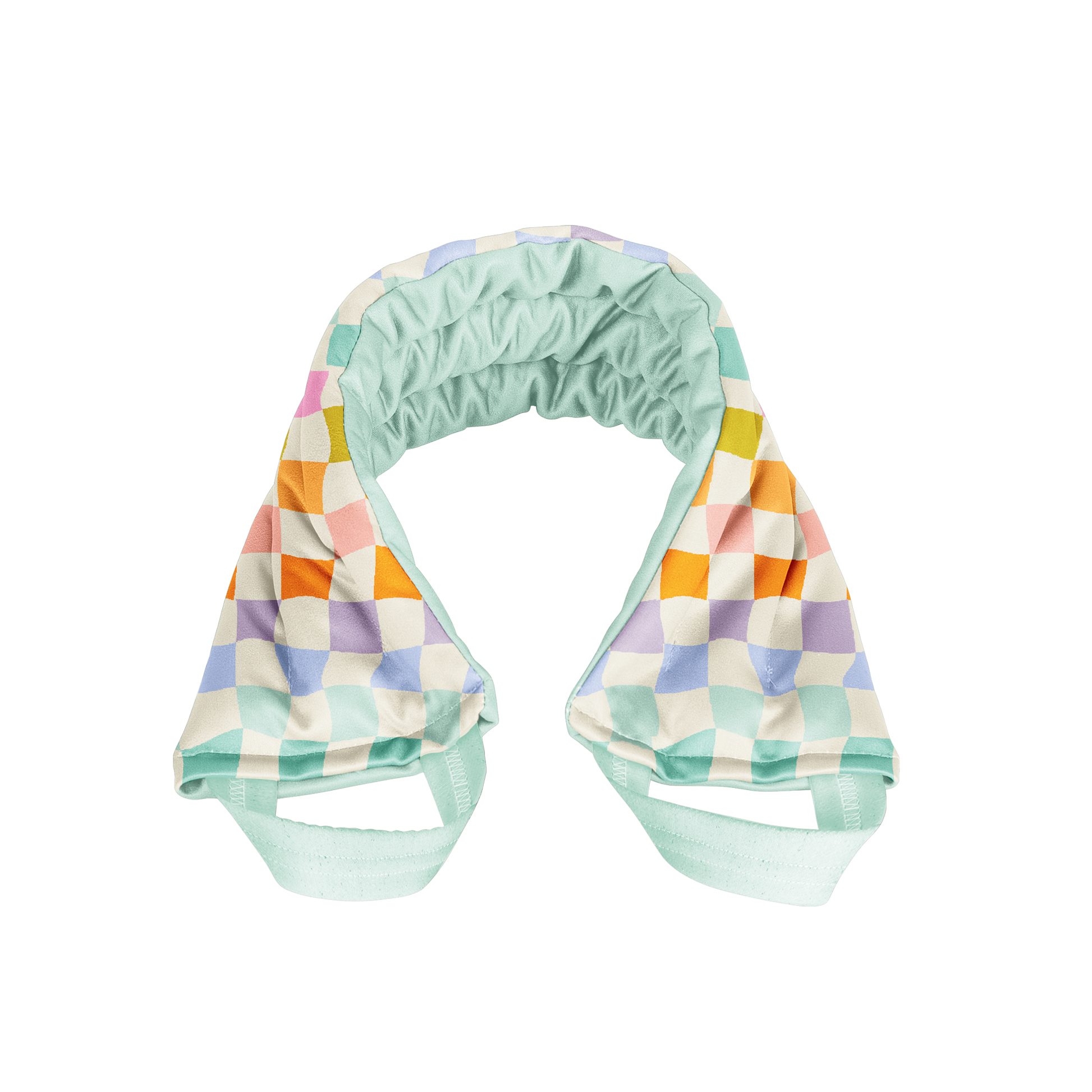 Retro Multicolored checkered weighted neckwrap with a green base on a white background
