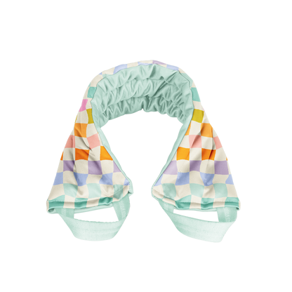 Retro Multicolored checkered weighted neckwrap with a green base on a white background