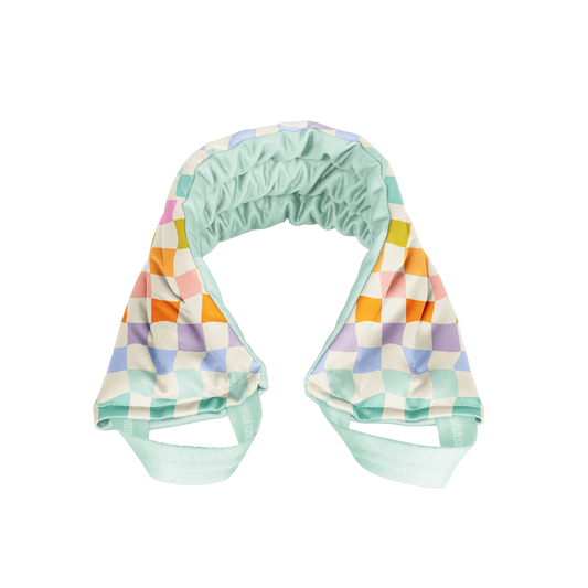Retro Multicolored checkered weighted neckwrap with a green base on a white background
