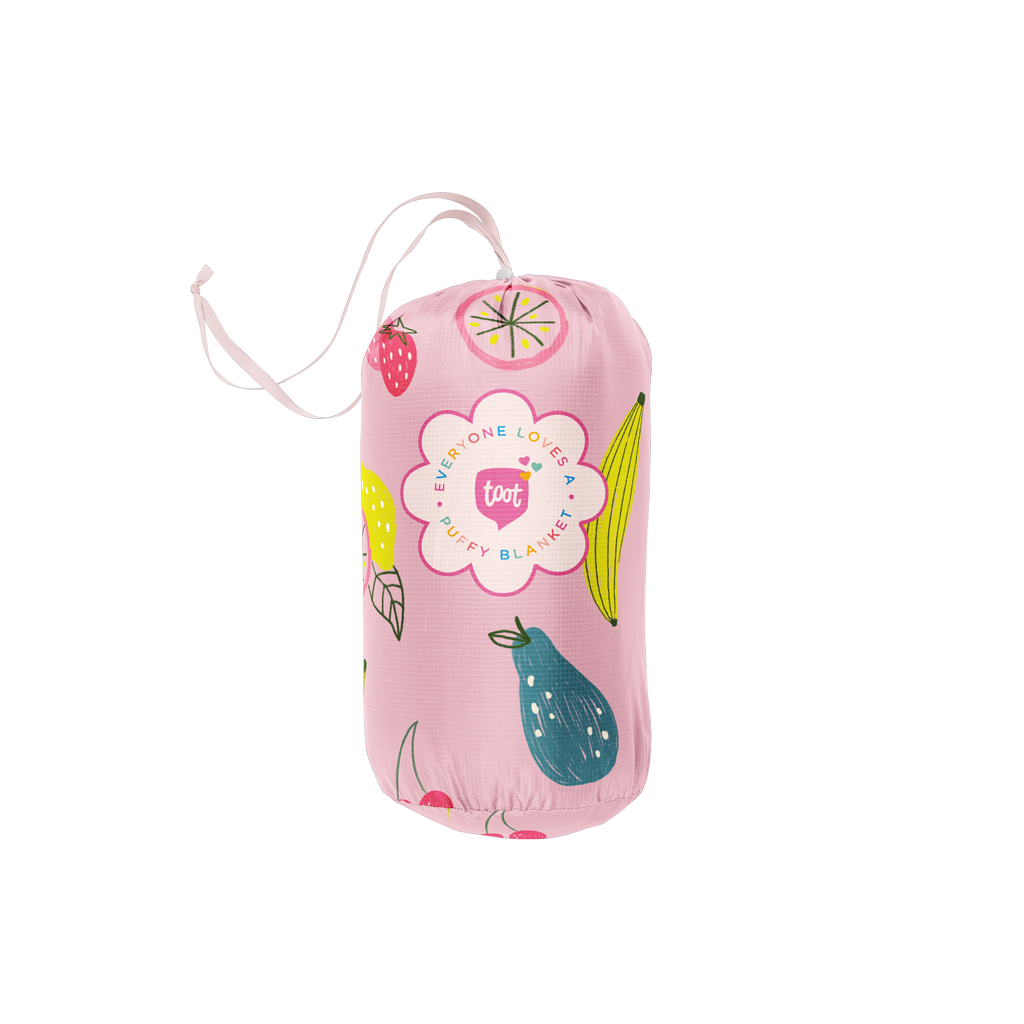 Pink drawstring bag with fruit illustrations and 'toot' branding on a white background