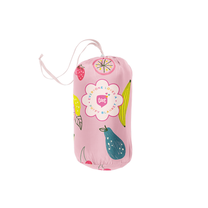 Pink drawstring bag with fruit illustrations and 'toot' branding on a white background