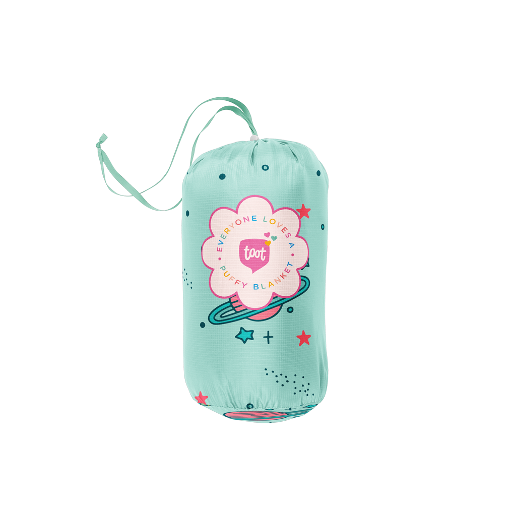 Teal drawstring bag with a floral logo on a white background