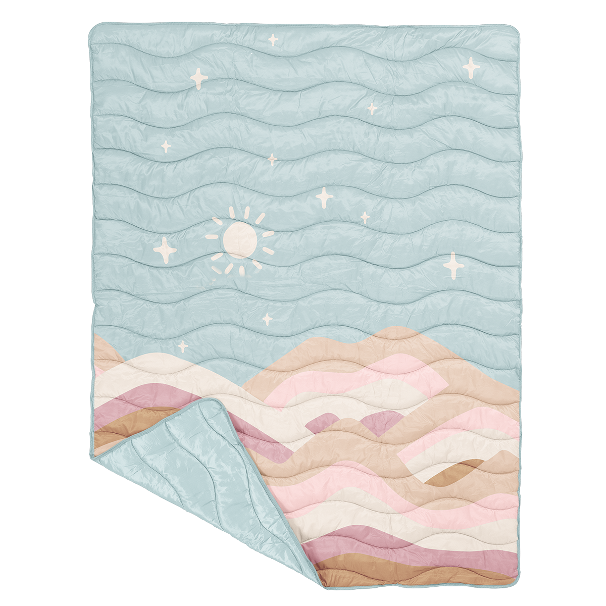 Baby puffy blanket  with wavy mountain and sun design on a light blue background