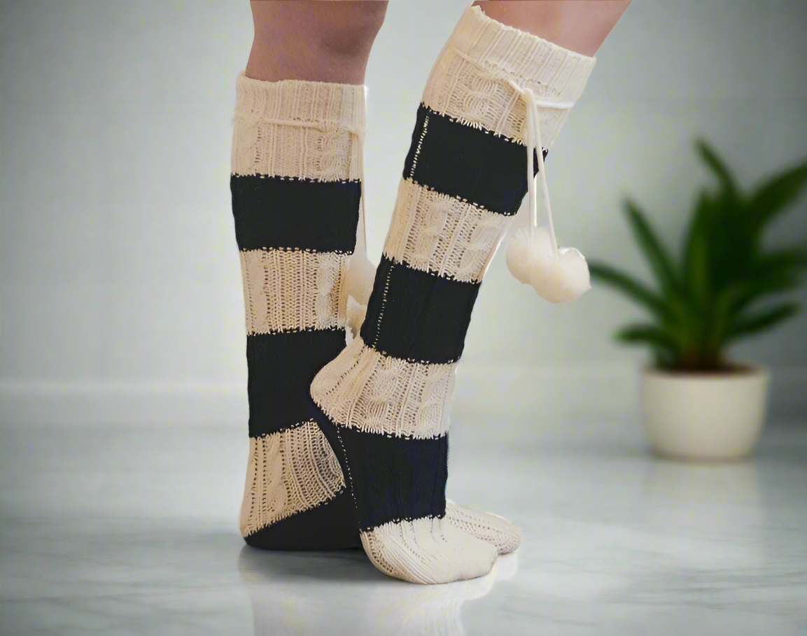 Knee High Striped Pom Socks