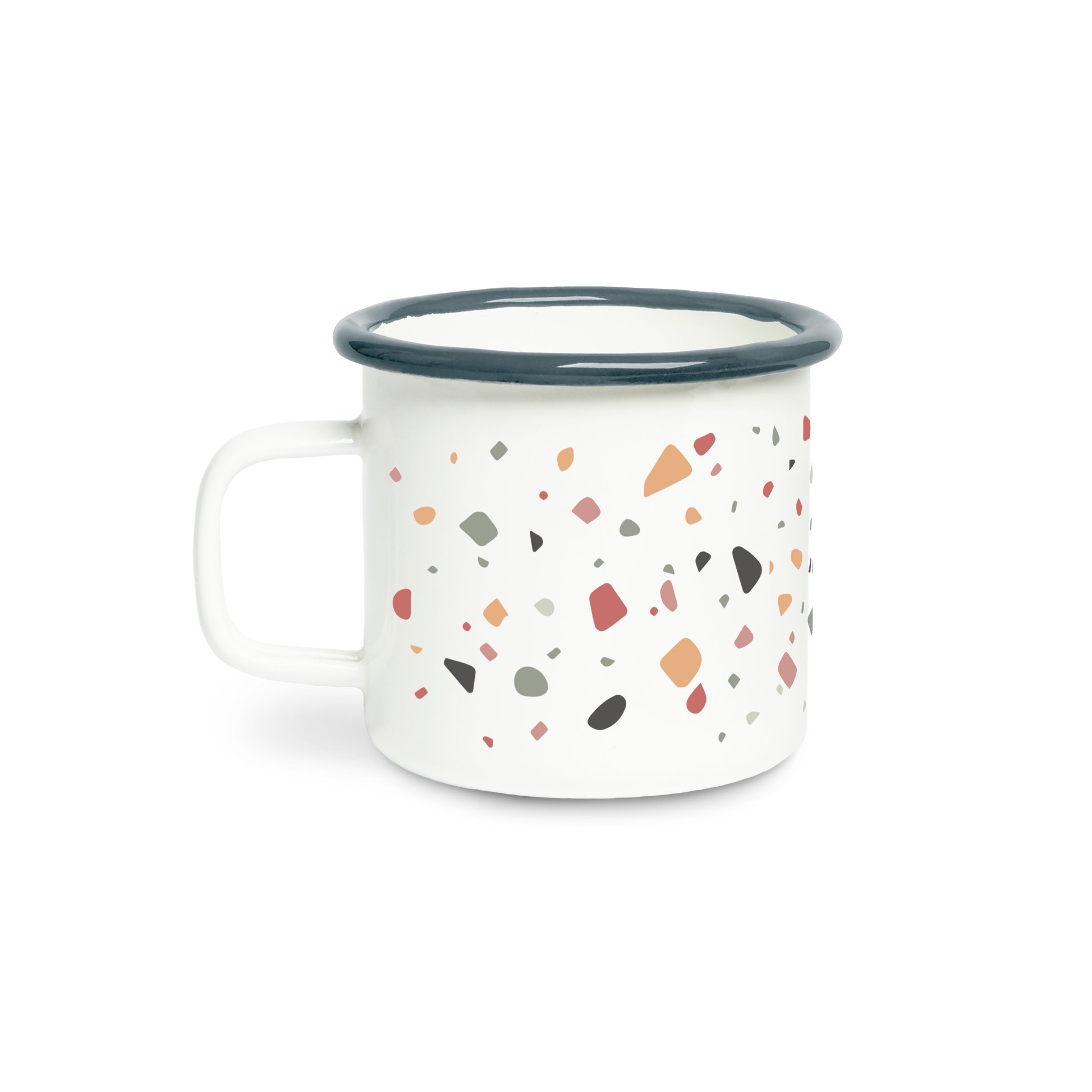 White mug with terrazzo pattern and blue rim on a white background
