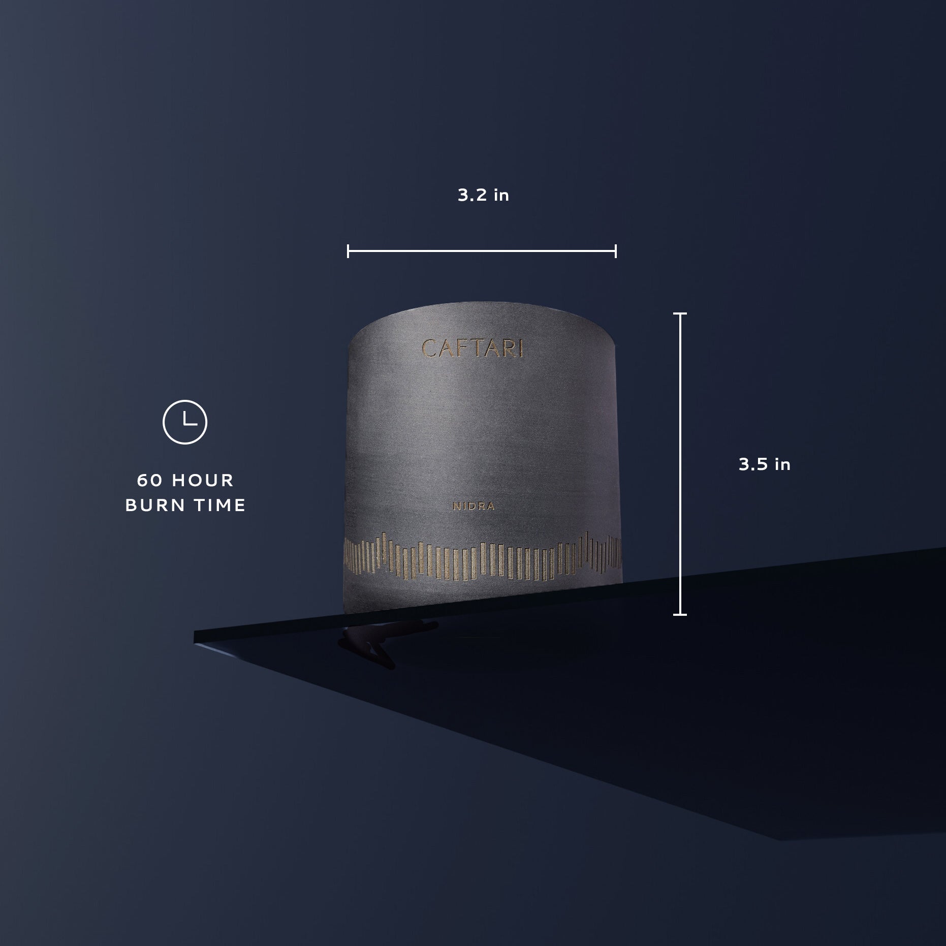 Candle with dimensions and burn time information on a dark background