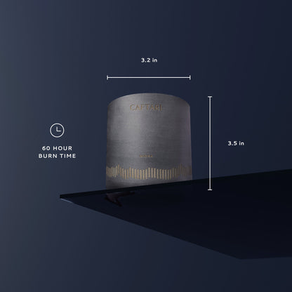 Candle with dimensions and burn time information on a dark background