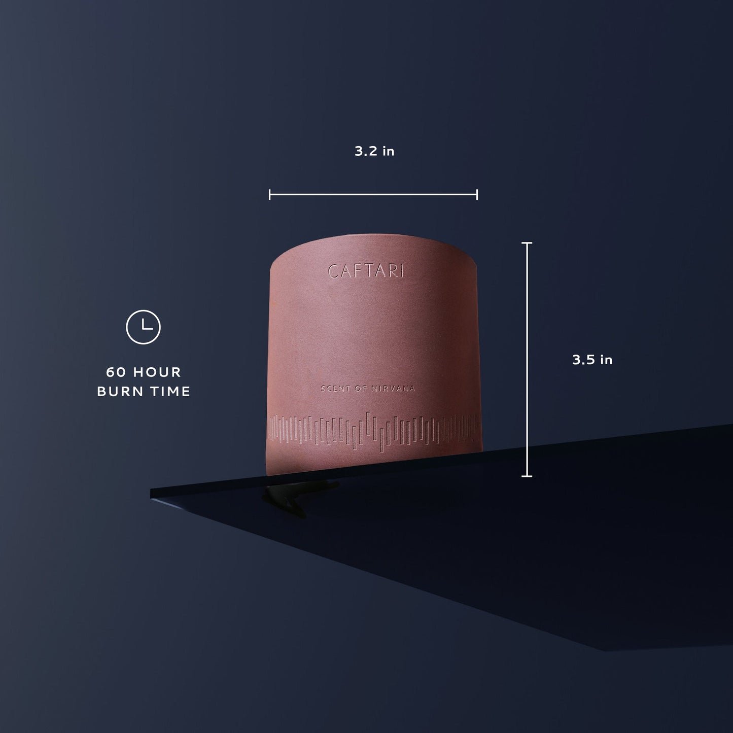 Cylindrical pink product with dimensions and burn time information on a dark background